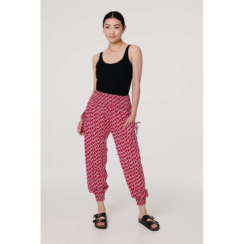 Printed Tapered Harem Trousers Red 8