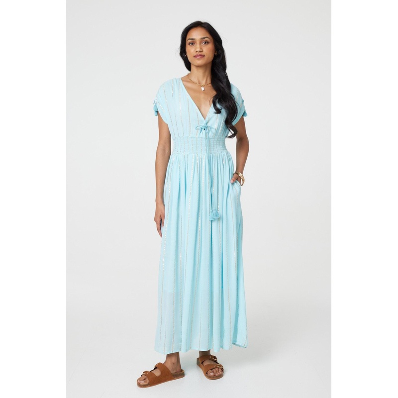 Striped Cap Sleeve Empire Maxi Dress Light Blue 8