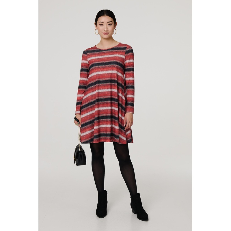 Striped Long Sleeve Short Swing Dress Orange 8