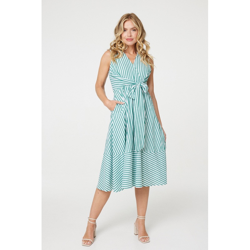 Striped Tie Waist Tiered Midi Dress Green 8