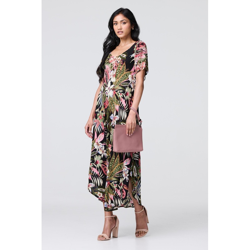 Tropical Print 1/2 Sleeve Maxi Dress Black 8