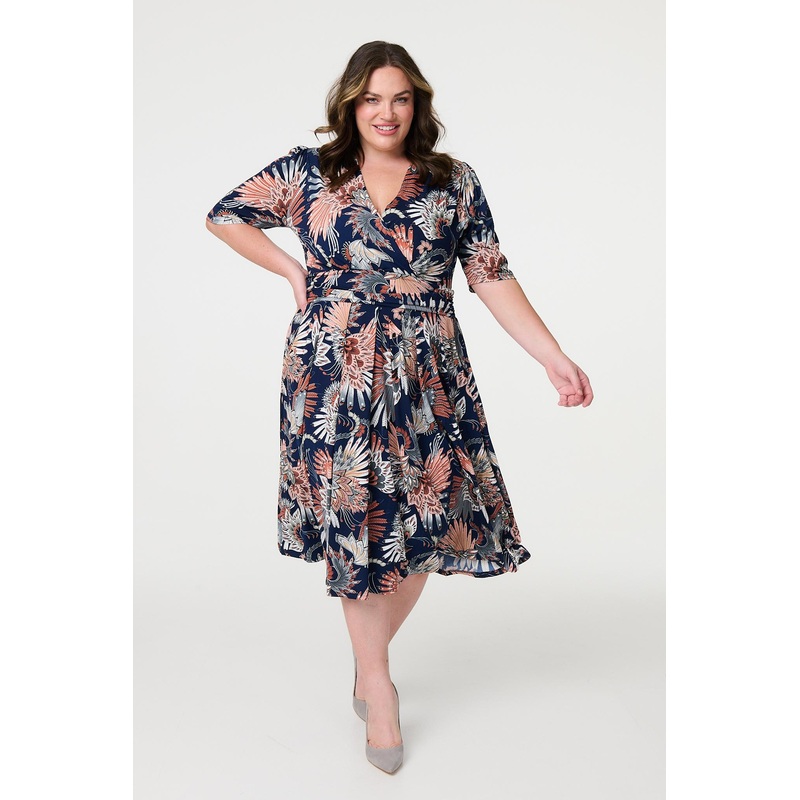Tropical Print 1/2 Sleeve Midi Wrap Dress Navy 8
