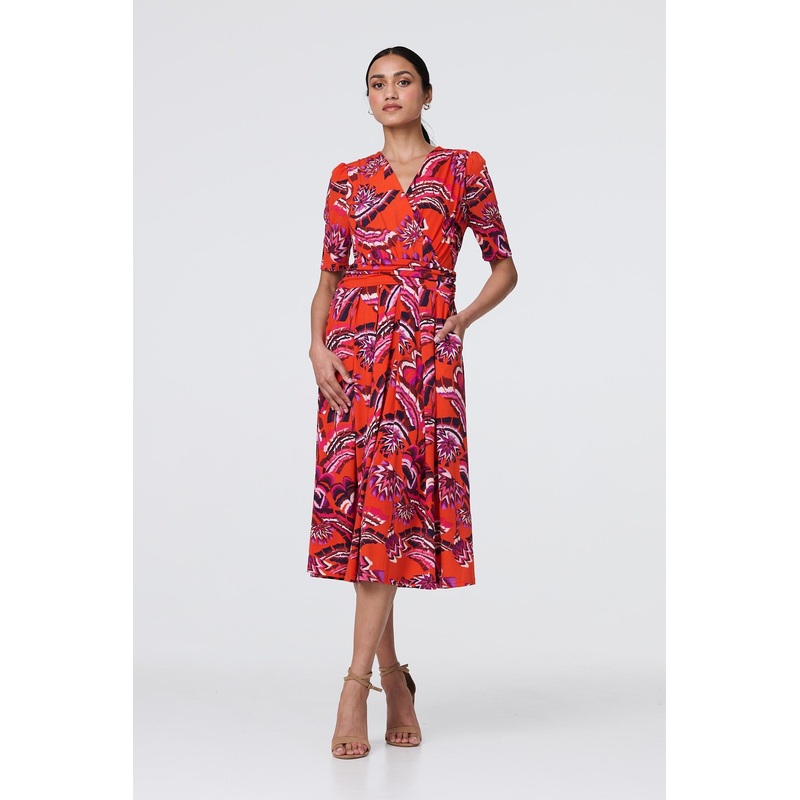 Tropical Print Faux Wrap Midi Dress Orange 8
