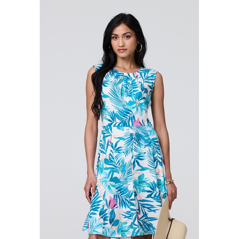Tropical Print Sleeveless Knee Length Dress Blue S