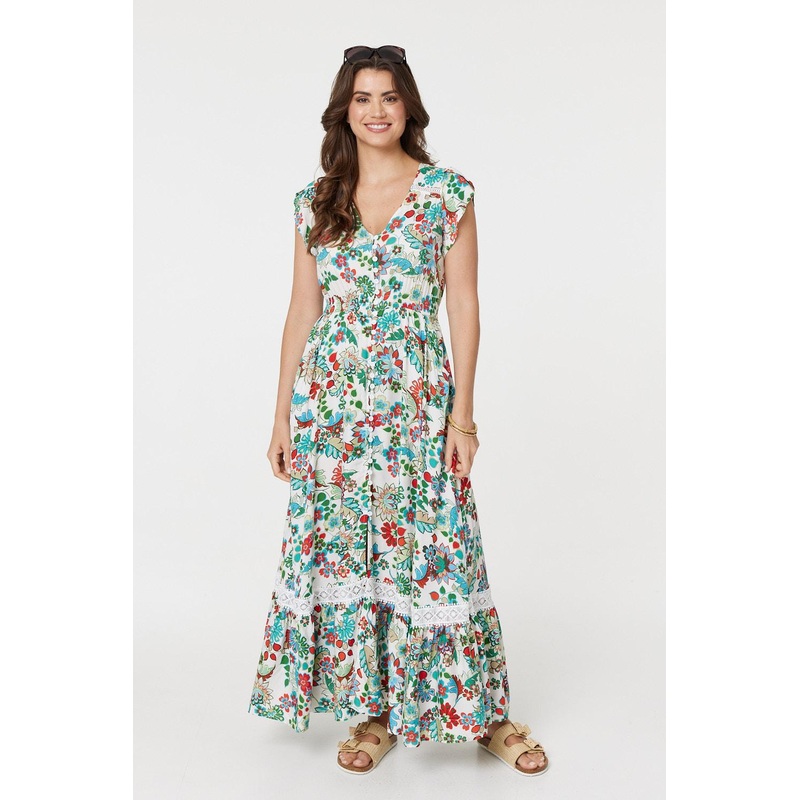 Vintage Boho Print Cap Sleeve Maxi Dress White 8