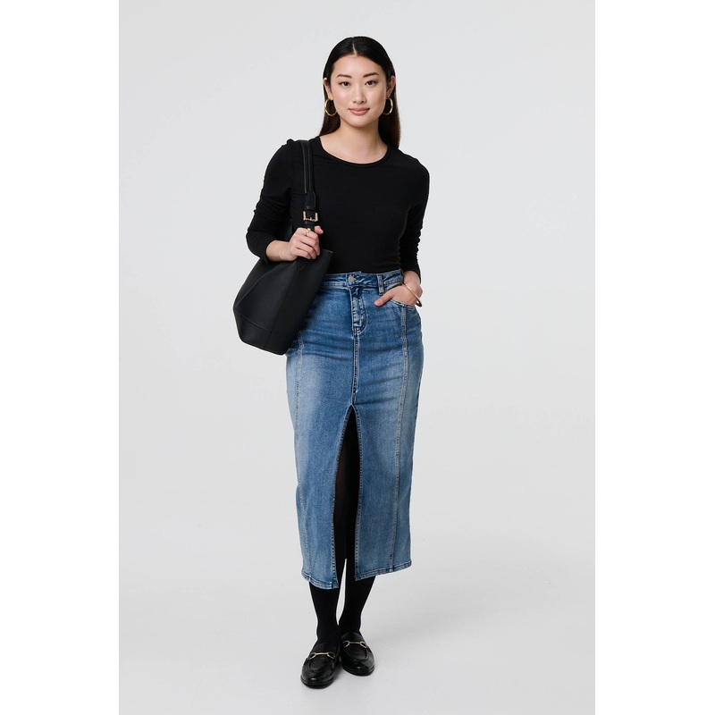 Washed Denim Split Hem Knee Length Skirt Blue 8