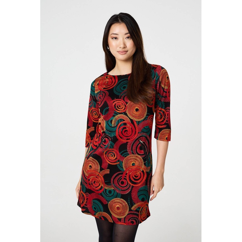 Abstract 3/4 Sleeve Short Shift Dress Orange S