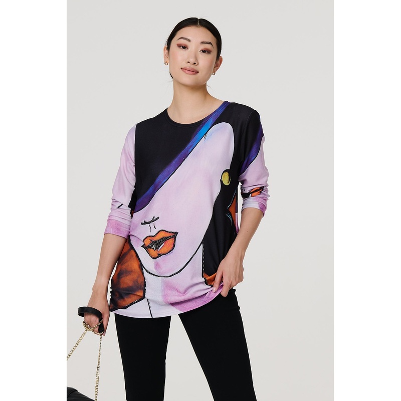 Abstract Diamante Detail Long Sleeve Top Pink S/M