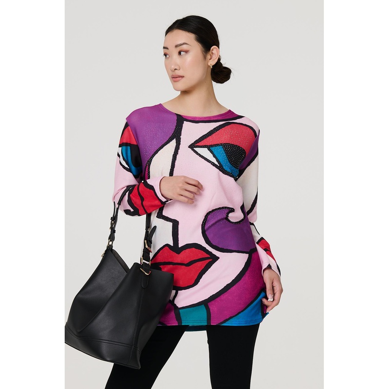 Abstract Diamante Detail Tunic Top Red S/M