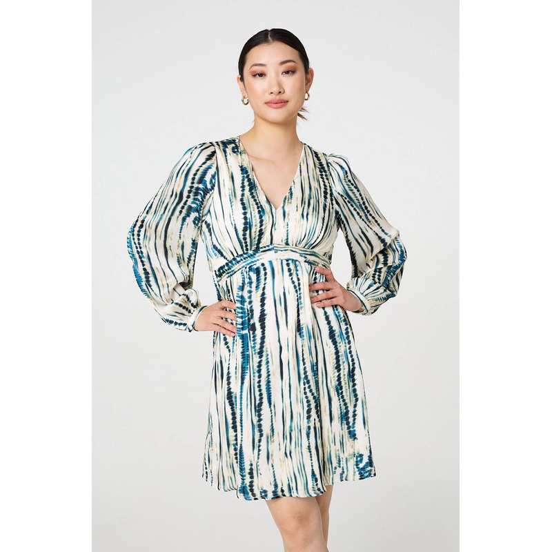 Abstract Long Sleeve Empire Mini Dress Teal 8