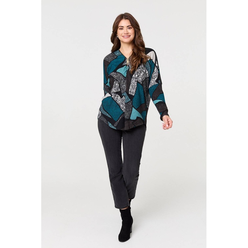 Abstract Print Zip-Front Long Sleeve Top Teal 8