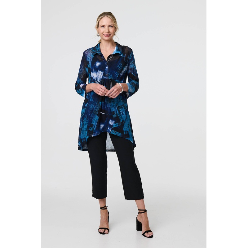 Abstract Sheer Curve Hem Longline Shirt Blue 8