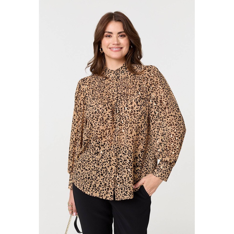 Animal Print High Neck Loose Fit Blouse Beige 8
