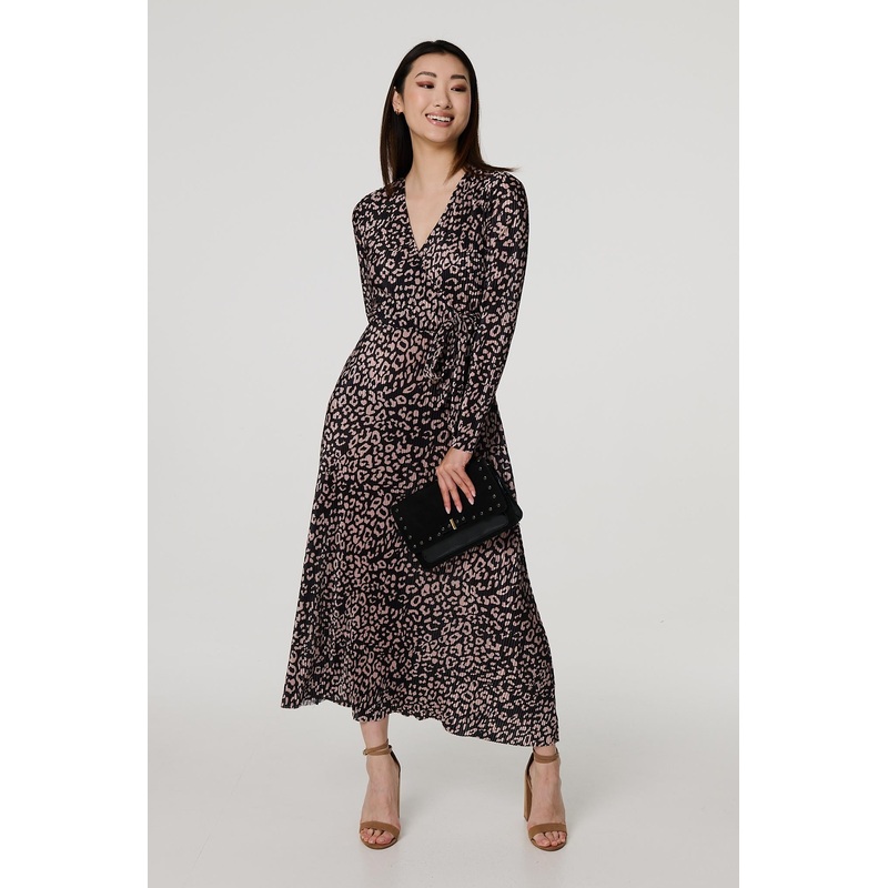 Animal Print Pleated Wrap Midi Dress Black 8