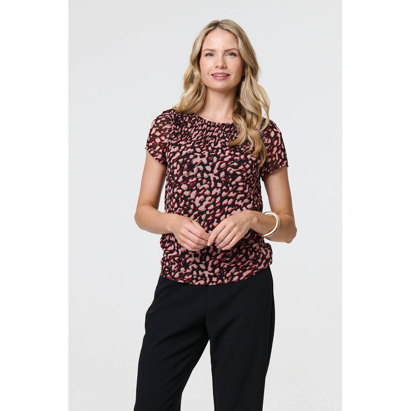 Animal Print Sparkle Trim Cap Sleeve Top Black 8
