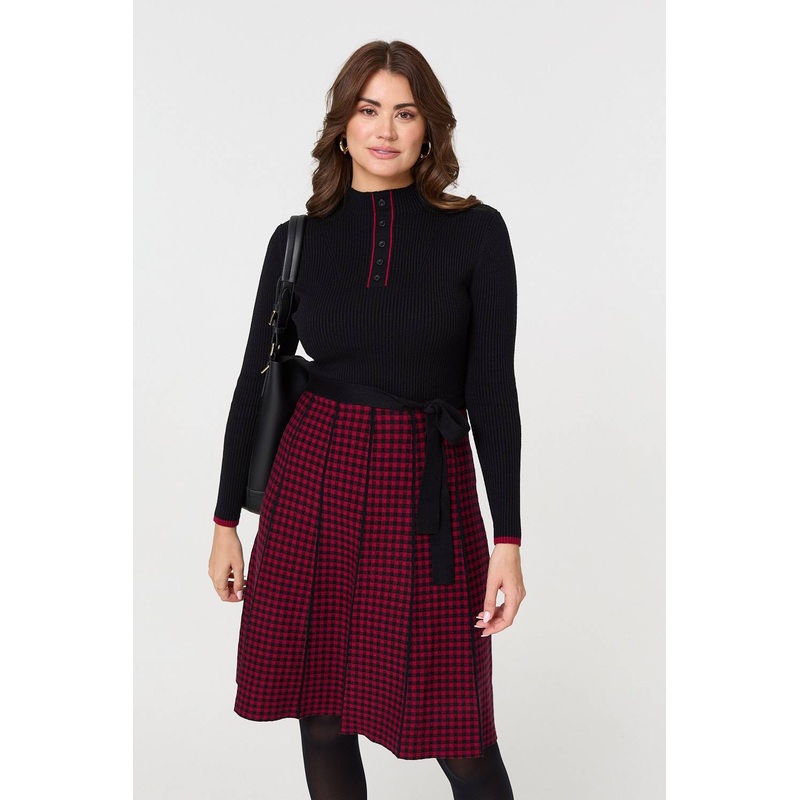 Checked Pleated Knee Length Jumper Dress Black 8