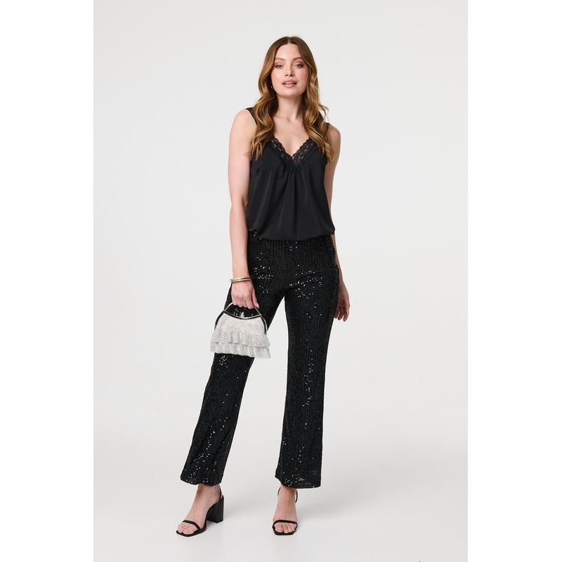High Waist Flared Sequin Trousers Black 8