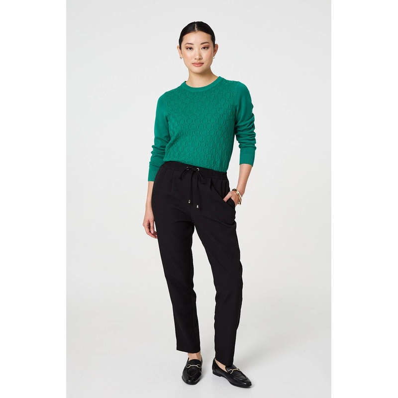 Plain Drawstring Waist Slim Trousers Black 8