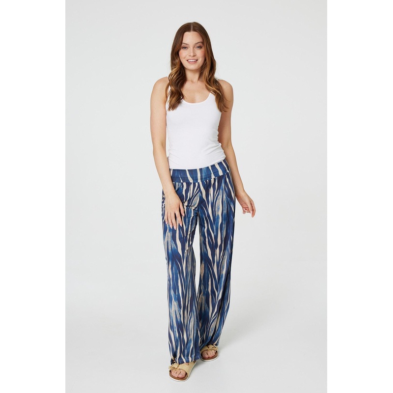 Printed Wide Leg Pull On Pants Navy S