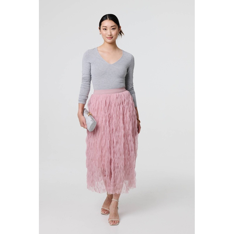 Ruffled High Waist Semi Sheer Midi Skirt Pink 8