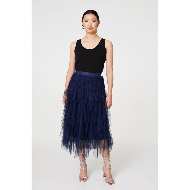 Ruffled Sheer Mesh High Waist Midi Skirt Navy 8
