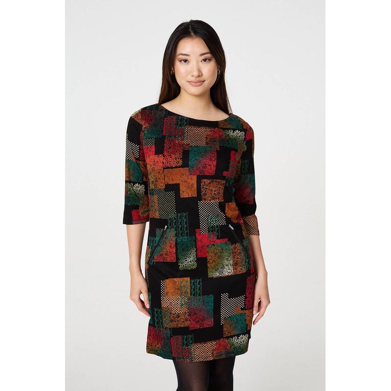 Square Print Boat Neck Short Shift Dress Black S