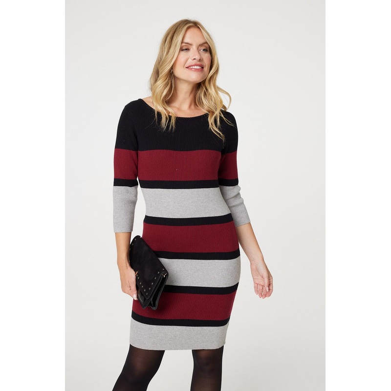 Striped 3/4 Sleeve Knit Bodycon Short Dress Red 8
