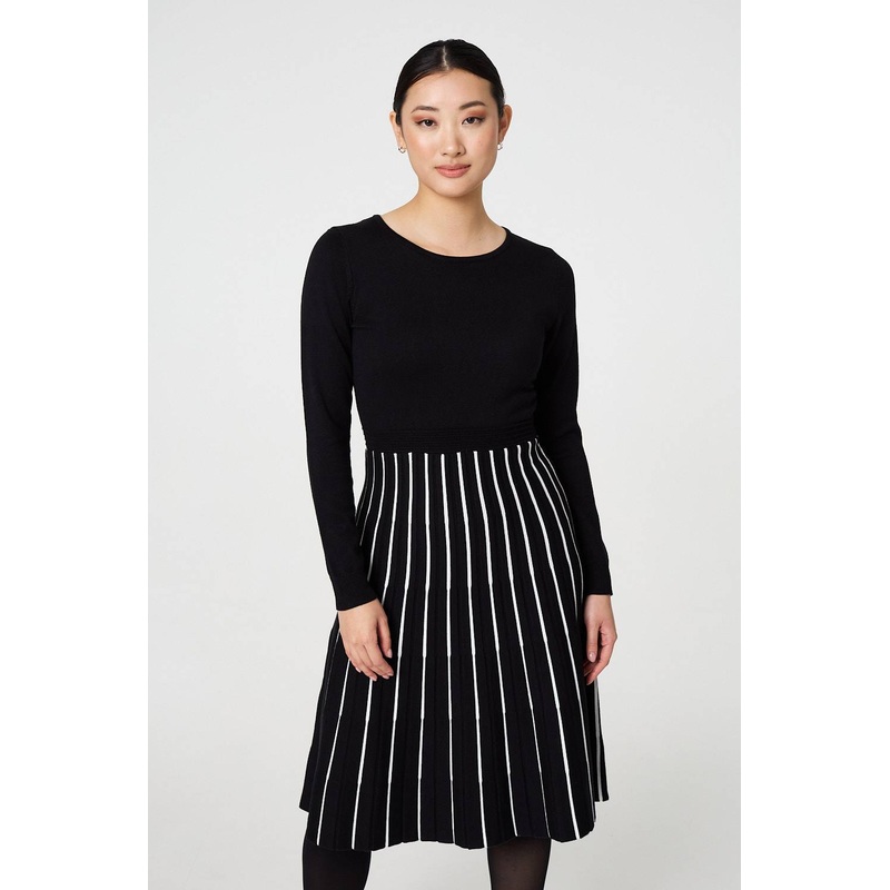 Striped Pleat Skirt Knitted Midi Dress Black 8