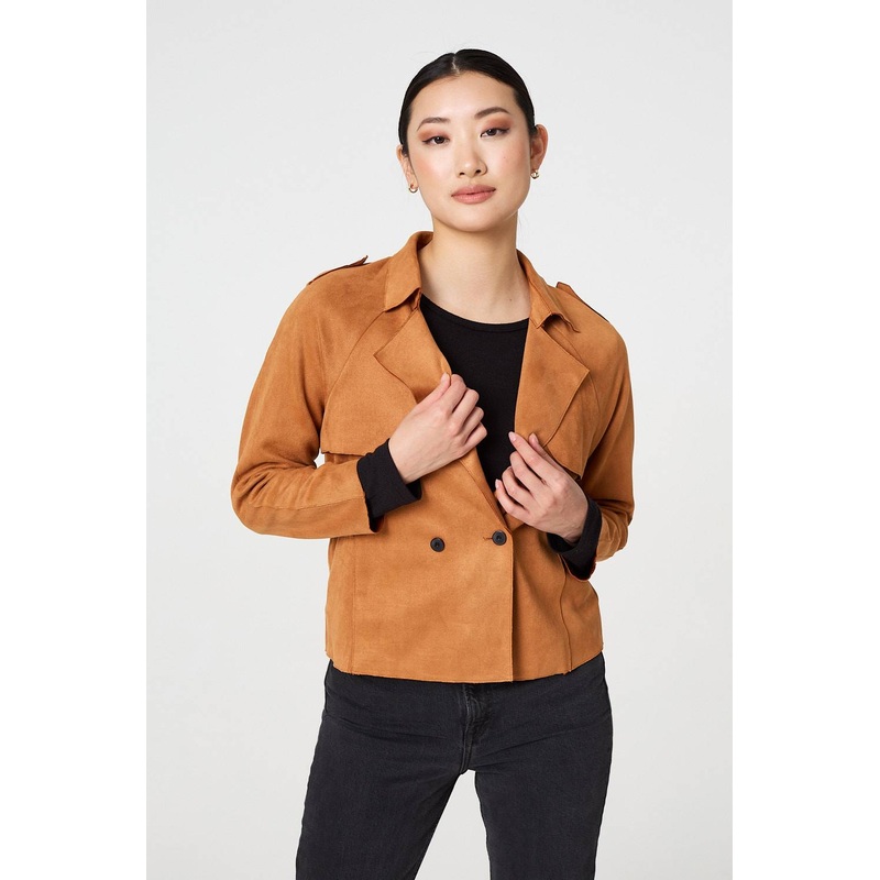 Suede Texture 3/4 Sleeve Cropped Trench Coat Brown 8