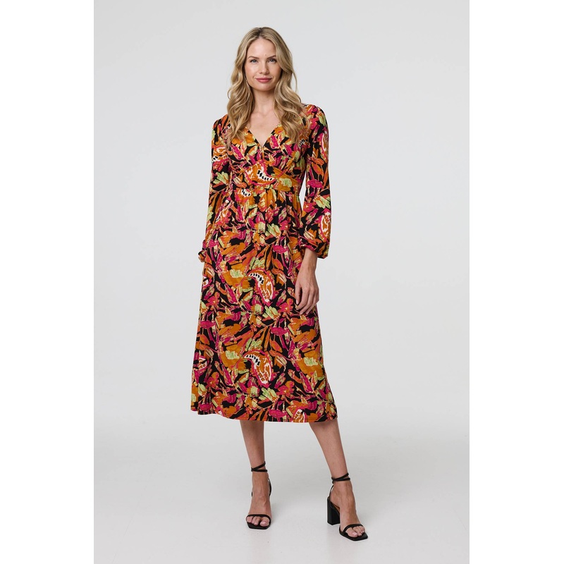 Tropical Floral Print Long Sleeve Midi Dress Orange 8