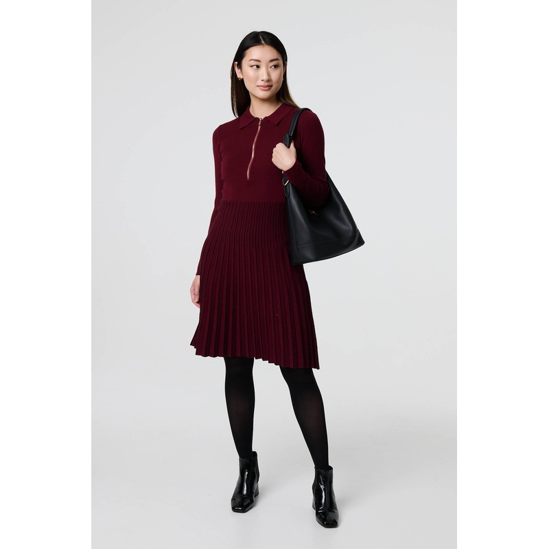 Zip Collar Pleated Knit Dress Red 8