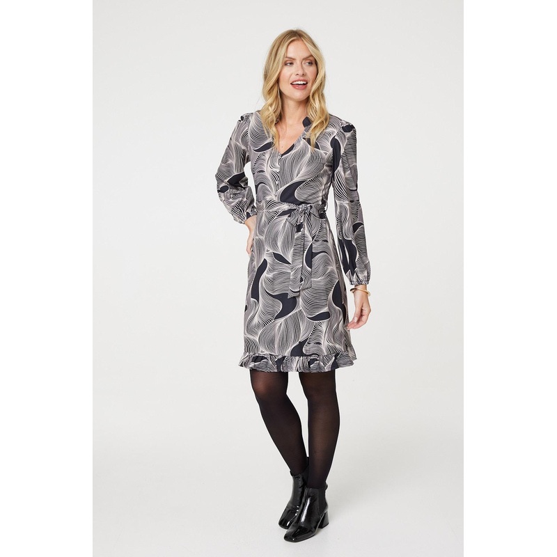 Abstract Ruffled Tie Waist Knee Length Dress Beige 8