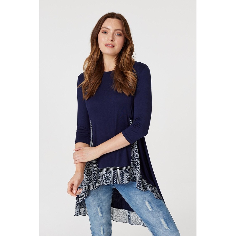 Border Print Drop Hem Tunic Top Navy 8