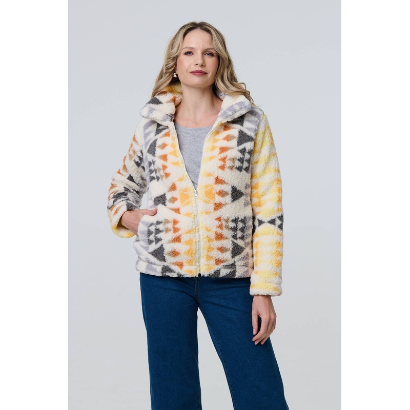 Aztec Print Relaxed Teddy Fur Jacket Cream 8