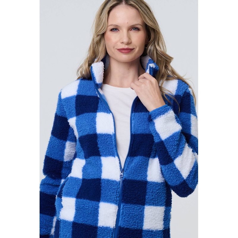 Checked Print Teddy Fur Zip Front Jacket Blue 8