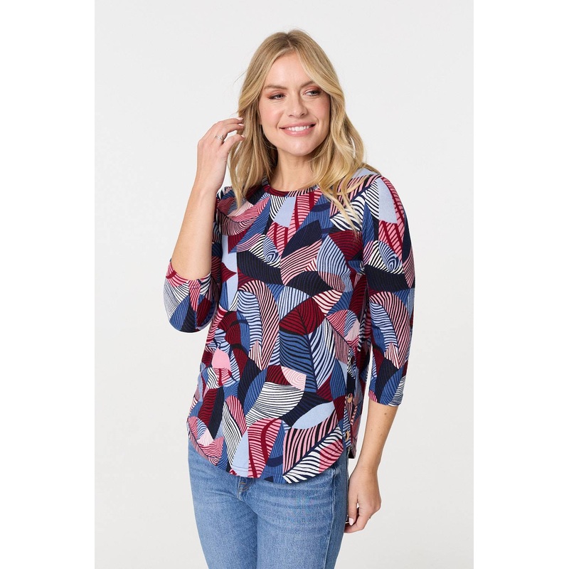 Abstract Print 3/4 Sleeve Curve Hem Top Navy 8