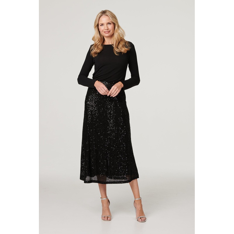Sequin High Waist Semi Sheer Midi Skirt Black 8