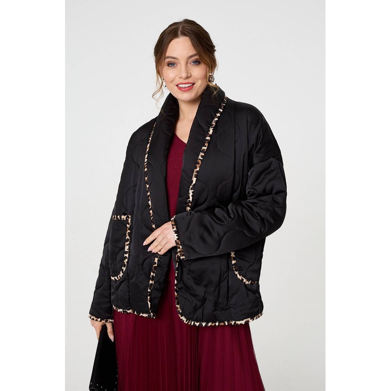 Animal Print Trim Open Front Padded Coat Black S/M