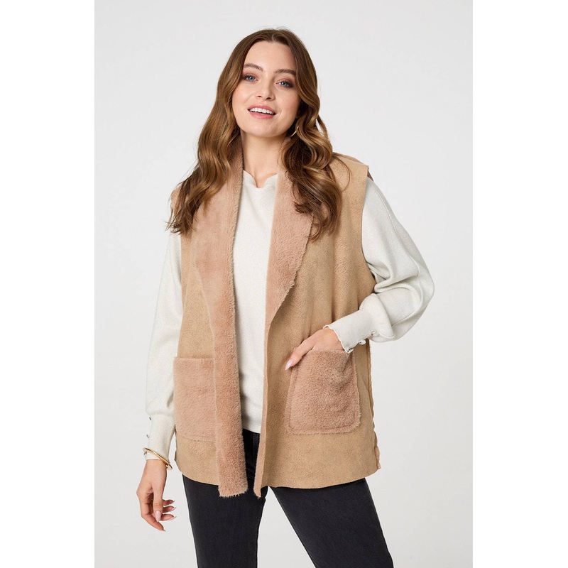 Faux Fur Lined Suede Pocket Front Vest Brown M
