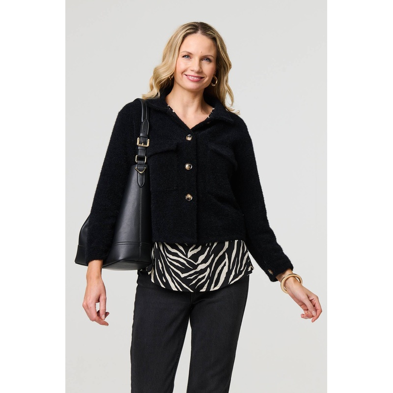 Flannel Cropped Pocket Front Shacket Black 8