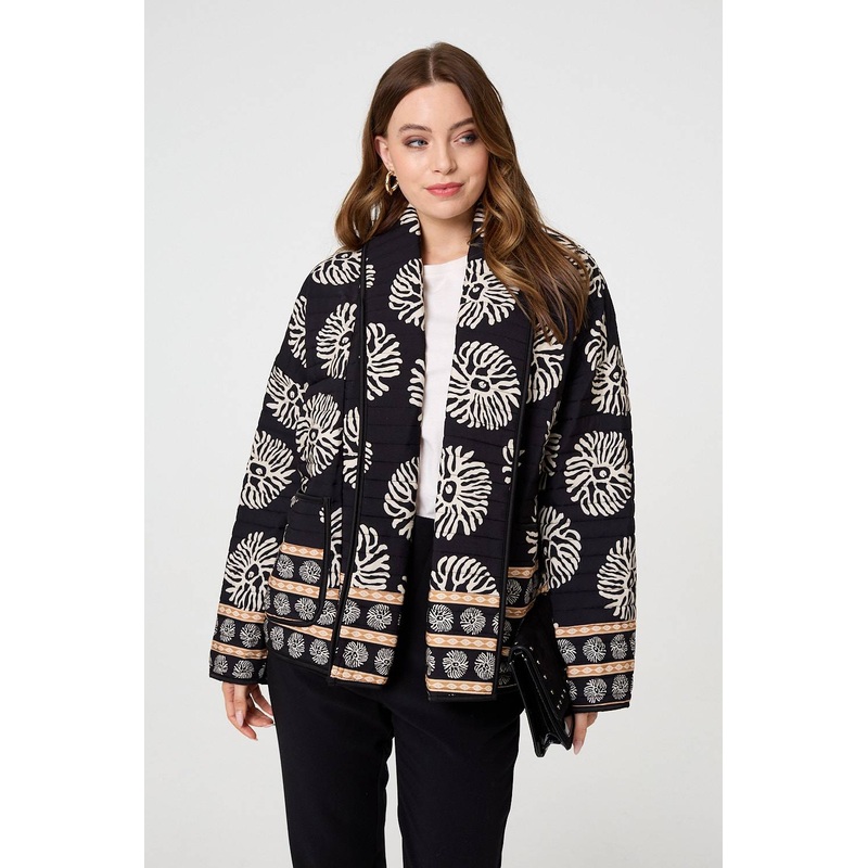 Printed Padded Open Front Jacket Black S/M