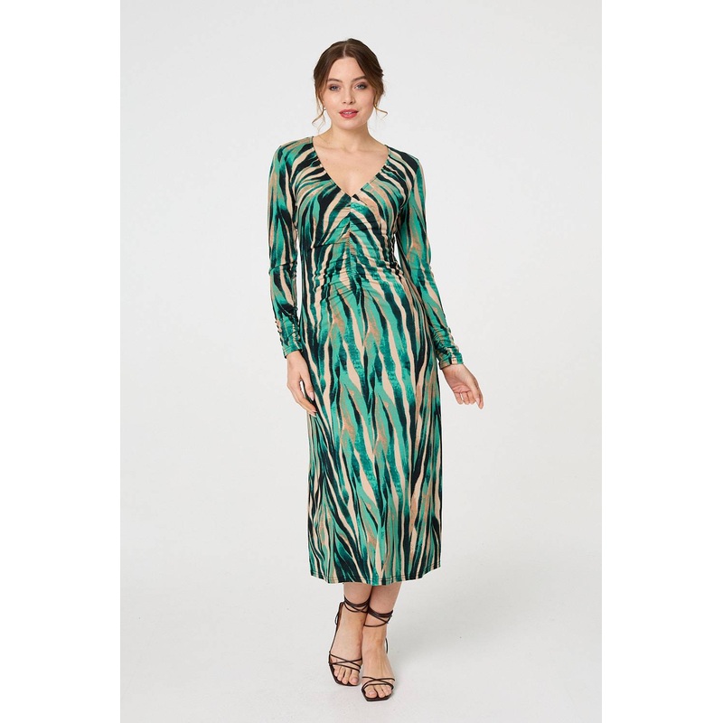 Abstract Print Ruched V-Neck Midi Dress Green 8