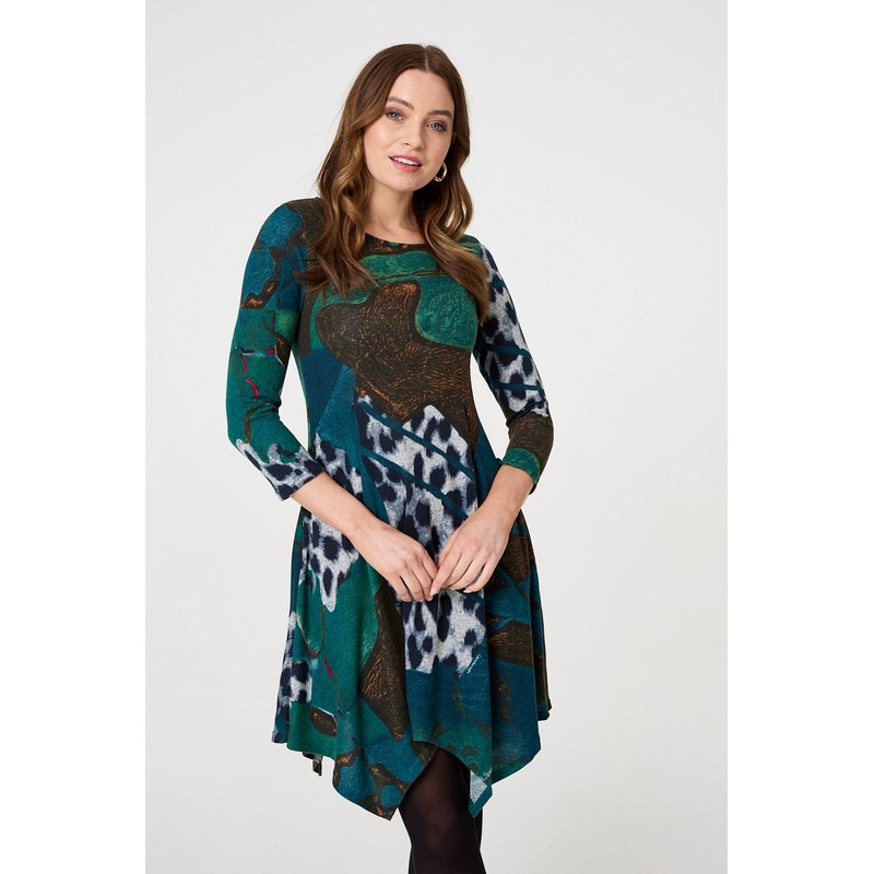 Abstract Hanky Hem 3/4 Sleeve Tunic Dress Green 8