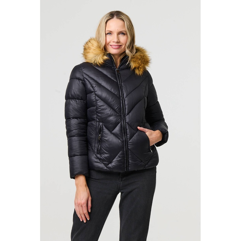 Faux Fur Trim Hooded Puffer Jacket Black 8