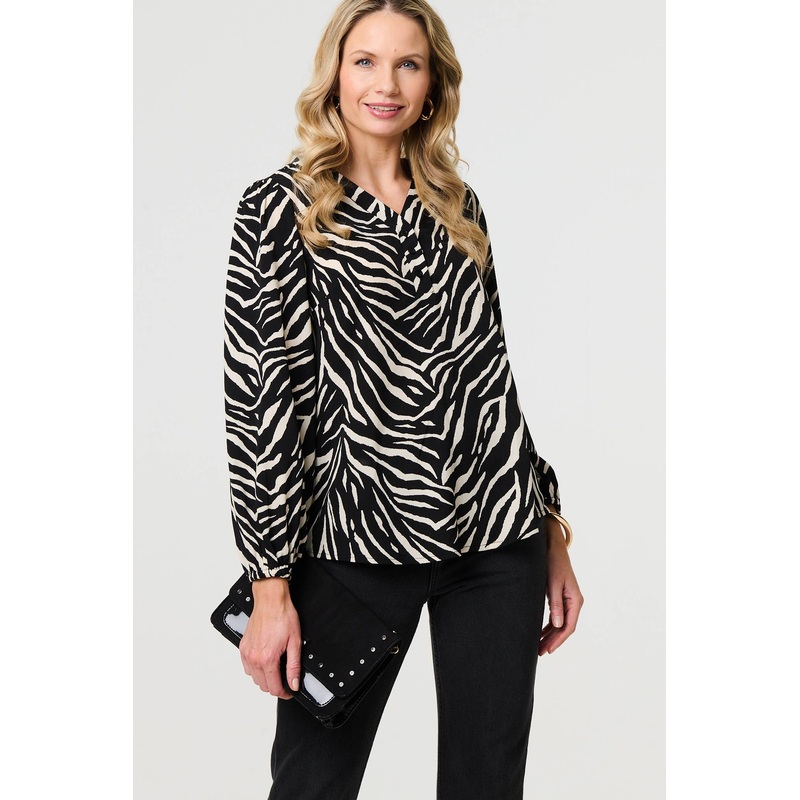 Zebra Print V-Neck Long Sleeve Blouse Black 8
