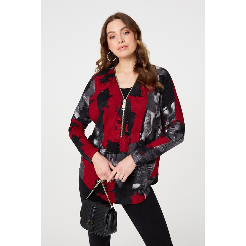 Abstract Zip Front Long Sleeve Top Red 8