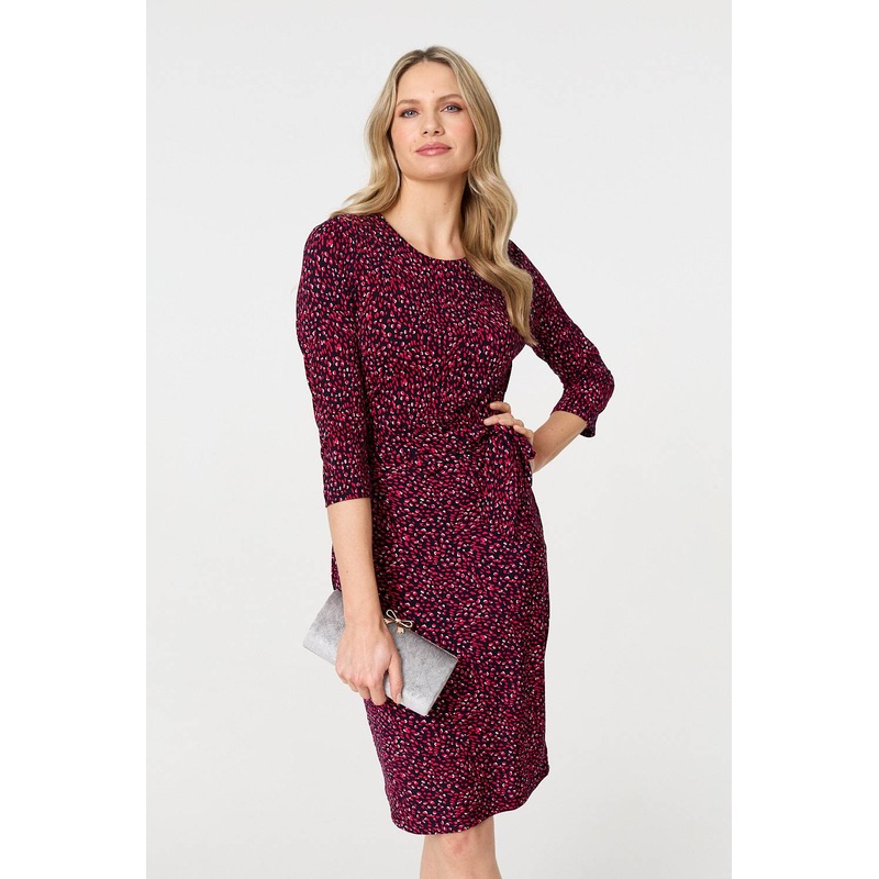 Animal Print Knot 3/4 Sleeve Short Dress Pink 8