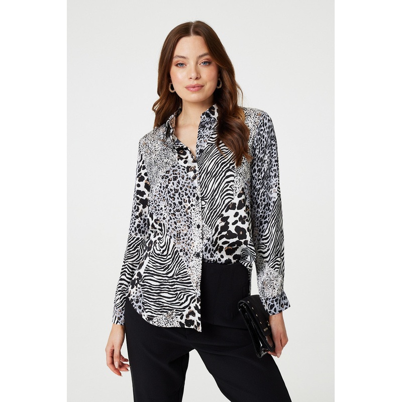 Animal Print Long Sleeve Button Up Shirt White 8