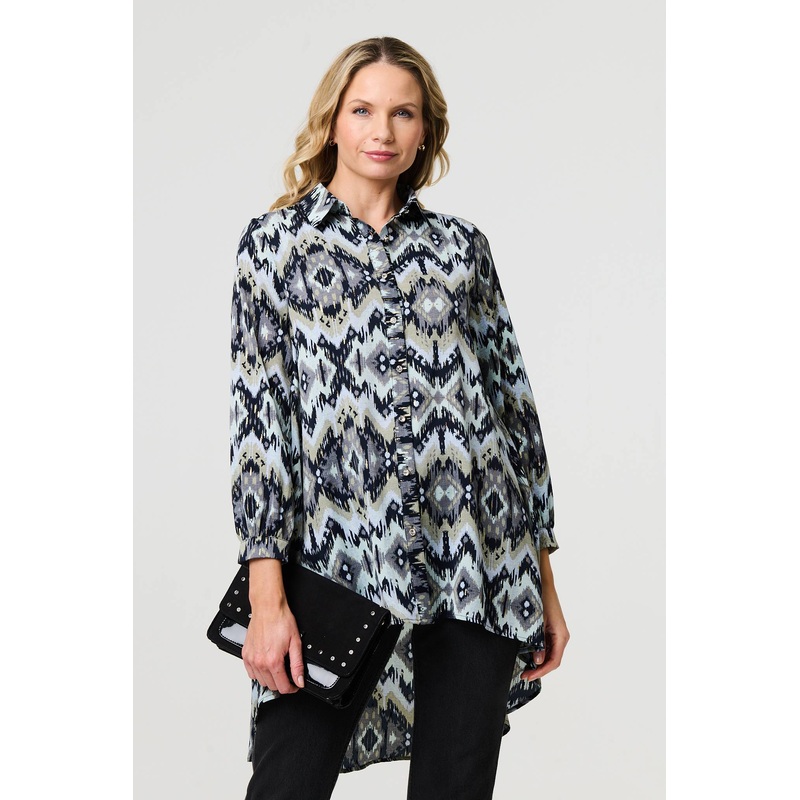 Aztec Print High Low Long Sleeve Shirt Black 8