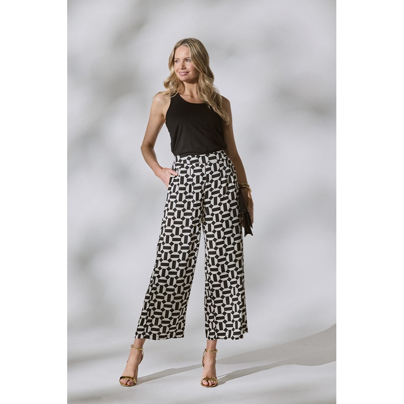 Geo Print High Waist Wide Leg Trousers Black 8
